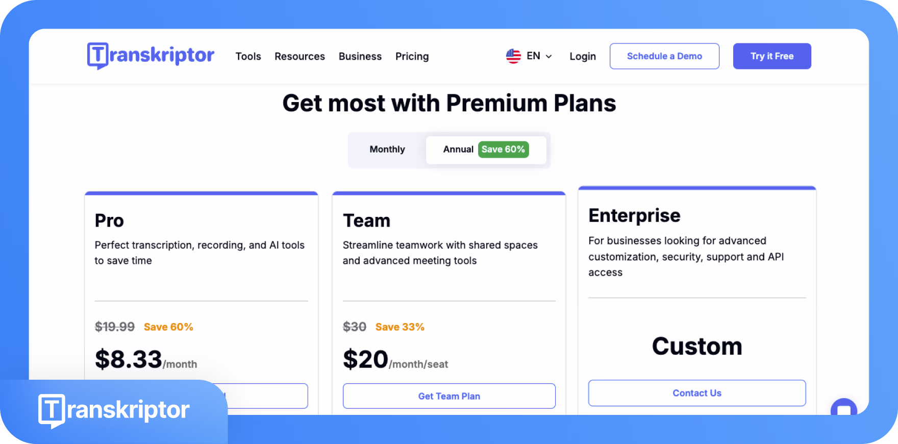 صفحة خطط Transkriptor المتميزة تسلط الضوء على خيارات Pro وTeam وEnterprise مع تفاصيل التسعير.