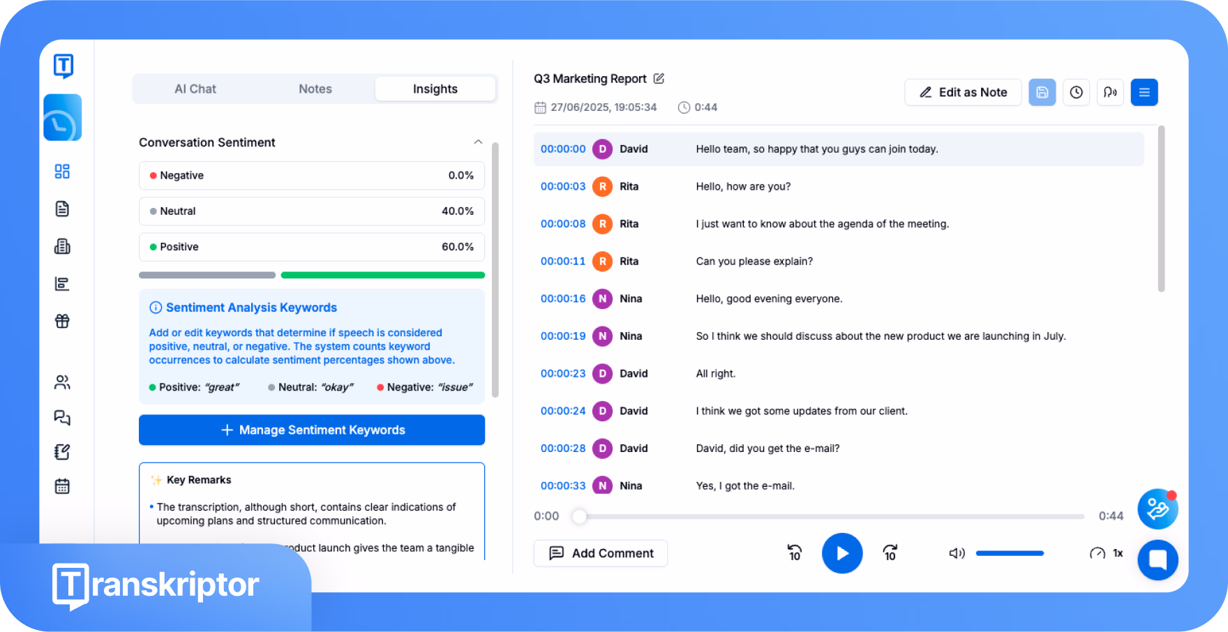 Alat Transkriptor menampilkan analisis sentimen percakapan dengan persentase positif, netral, dan negatif dalam laporan pemasaran Q3.