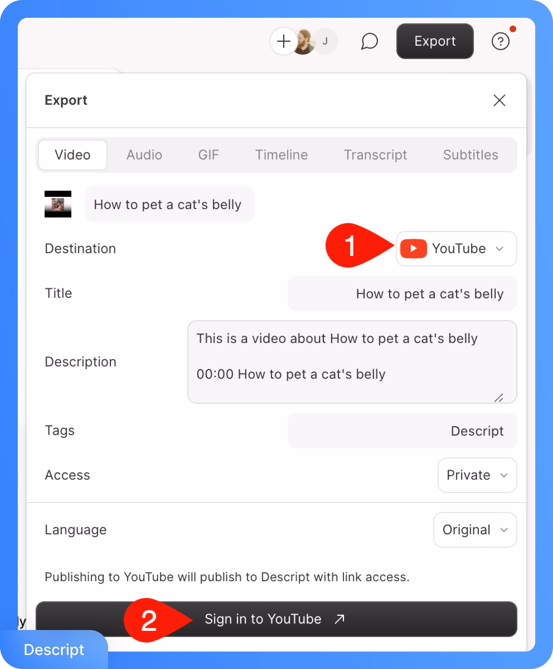 Интерфейс Descript, показывающий варианты экспорта видео на YouTube.