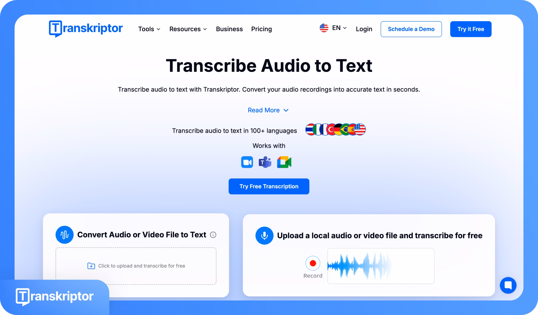 Главная страница Transkriptor, демонстрирующая услуги по транскрипции аудио в текст.