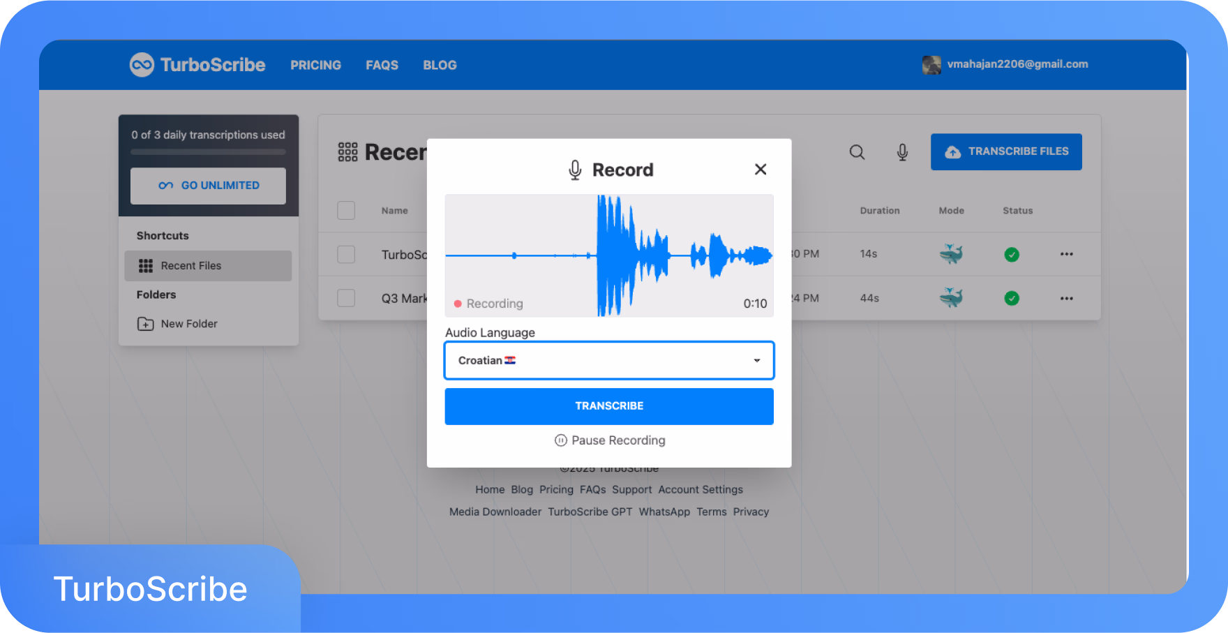 Interfaz de TurboScribe mostrando grabación de audio en croata con opciones de transcripción.