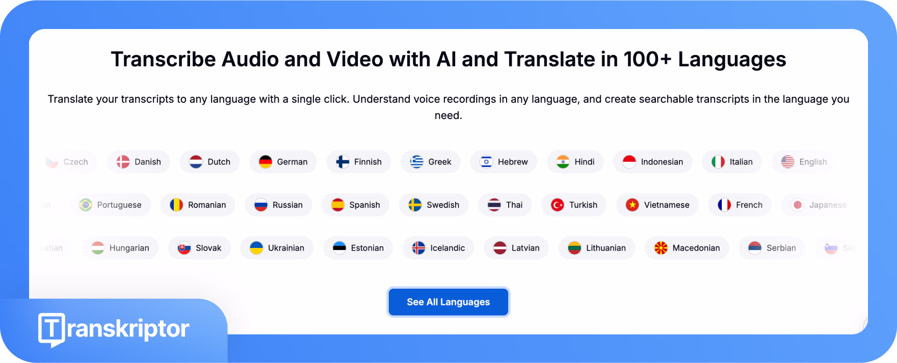 Transkriptor ofrece transcripción y traducción basadas en IA en más de 100 idiomas.