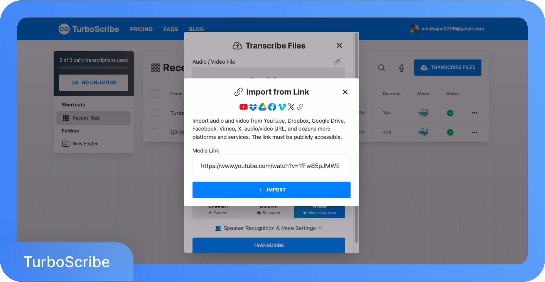 Interfaz de TurboScribe mostrando la función 'Importar desde enlace' para transcribir archivos de audio y video.