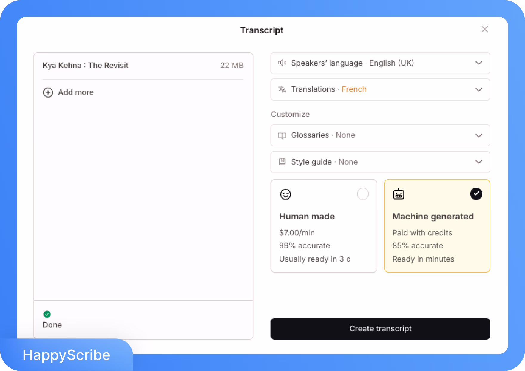 واجهة HappyScribe تعرض خيارات النص المكتوب للترجمة اللغوية والدقة.