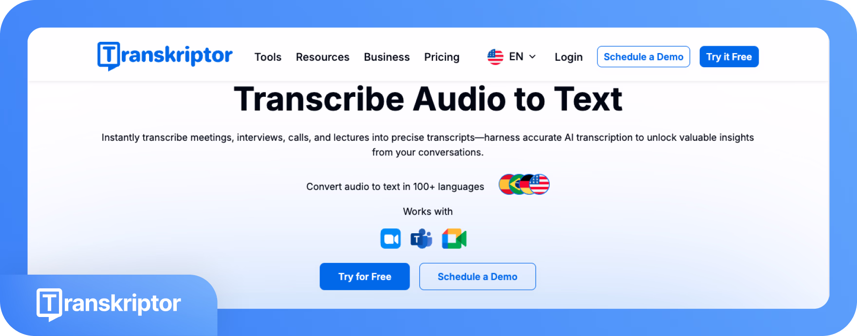 موقع Transkriptor يقدم خدمات تحويل الصوت إلى نص في أكثر من 100 لغة.