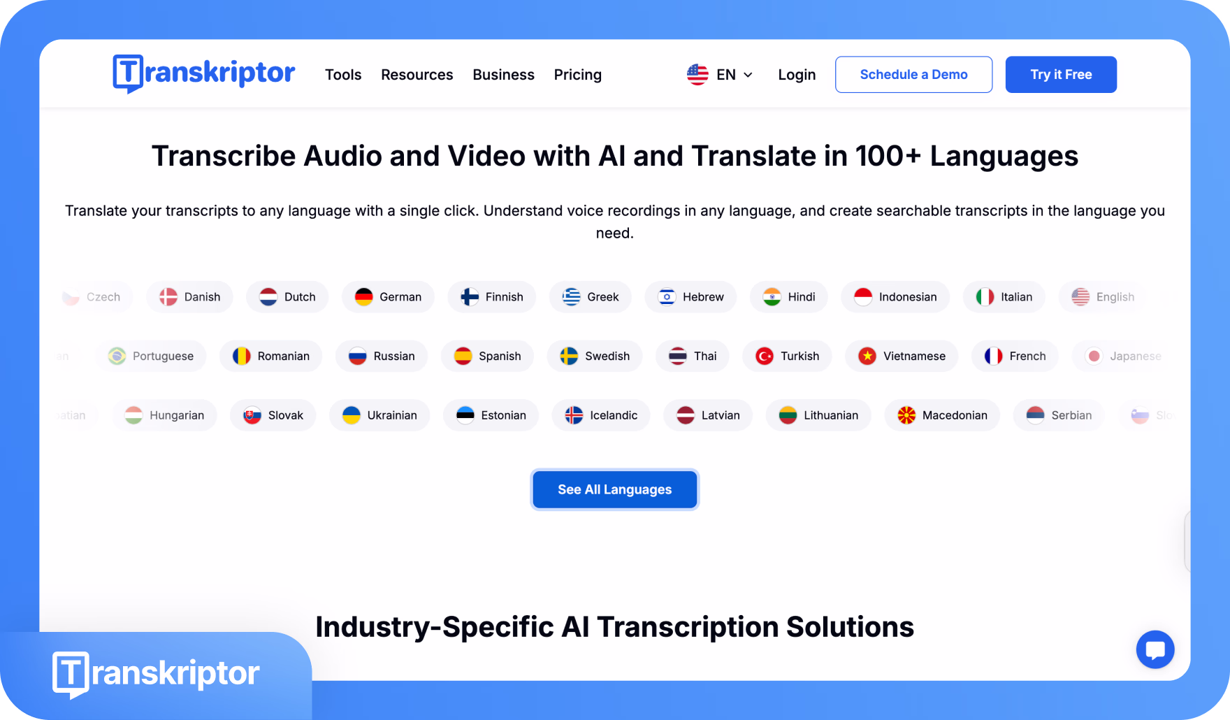 واجهة أداة Transkriptor لنسخ وترجمة الصوت والفيديو بأكثر من 100 لغة.