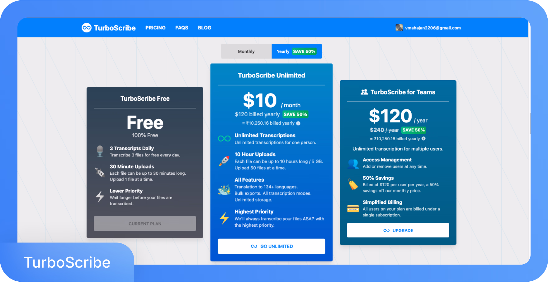 Planes de precios de TurboScribe mostrando opciones Gratuito, Ilimitado y Equipos con características.