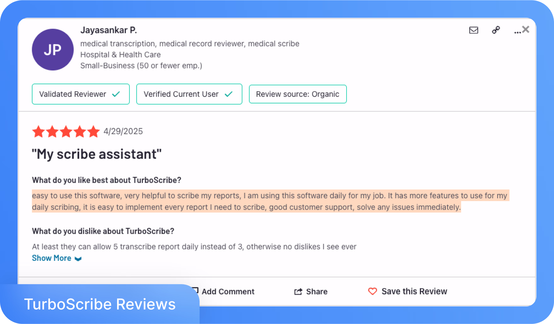 Reseña de TurboScribe destacando el uso fácil y buen soporte al cliente.