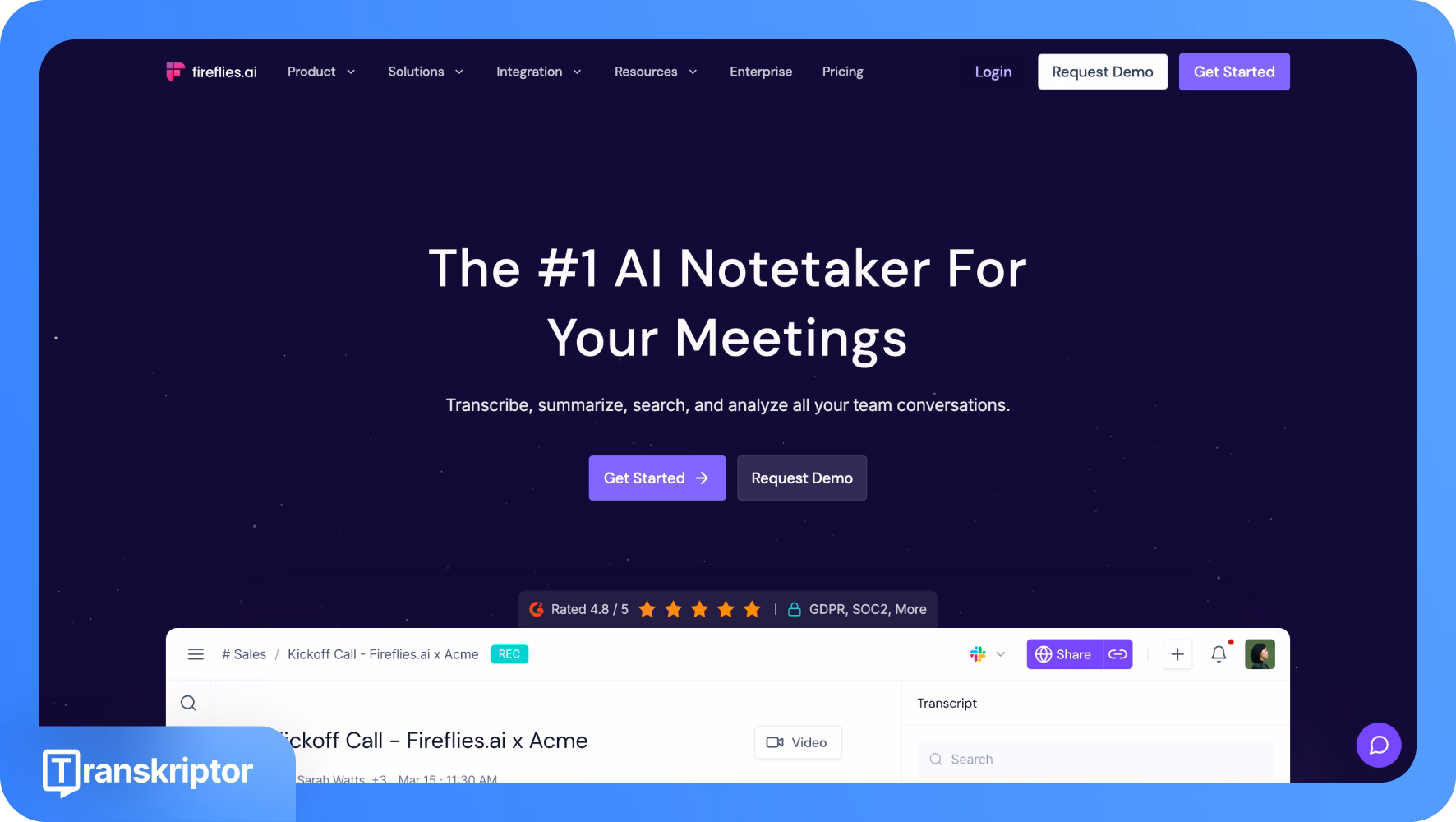 Интерфейс Transkriptor, демонстрирующий функции AI для заметок на встречах.