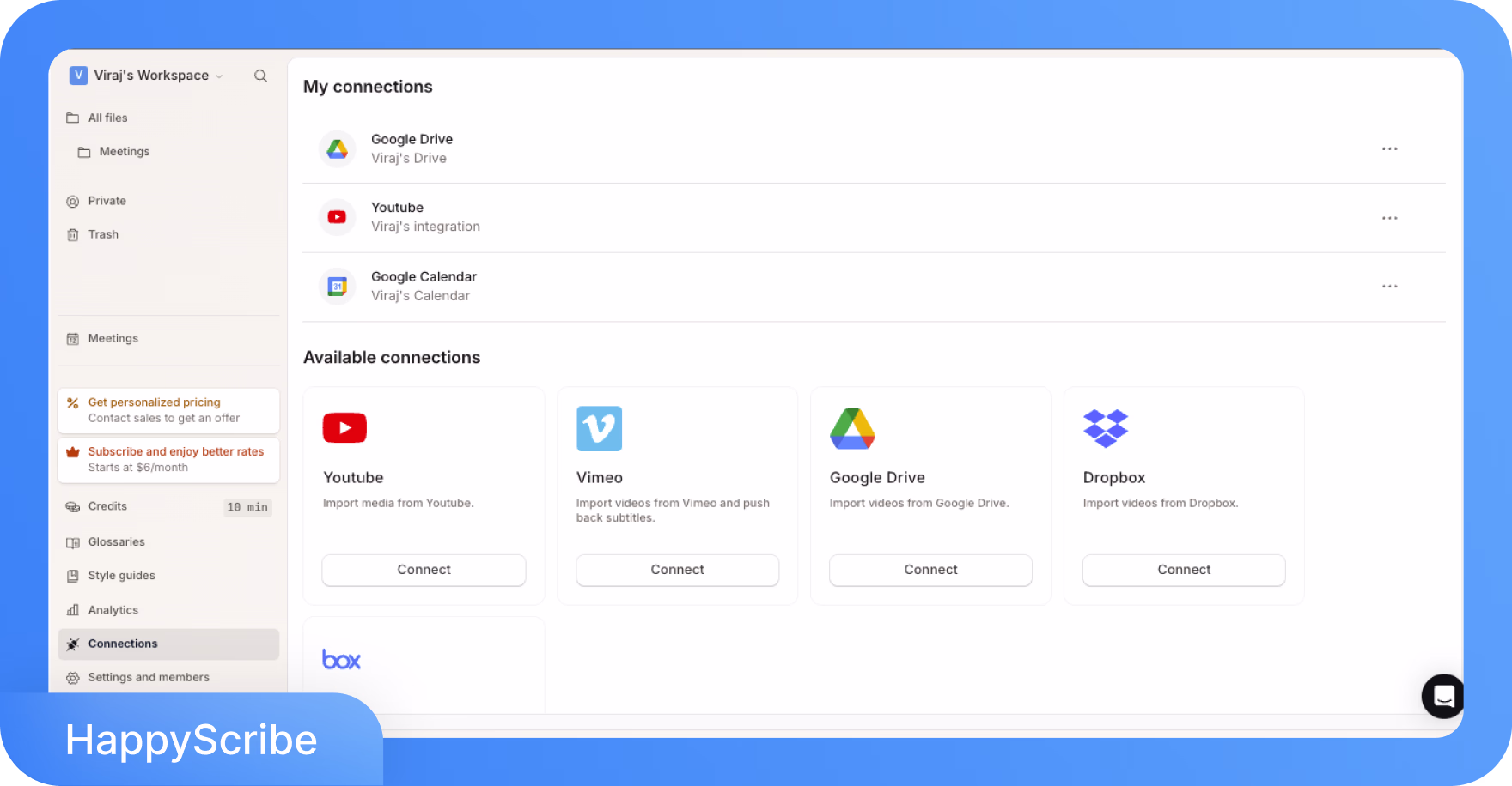 واجهة HappyScribe تعرض التطبيقات المتصلة مثل Google Drive وYoutube وGoogle Calendar، مع خيارات لاتصالات إضافية.